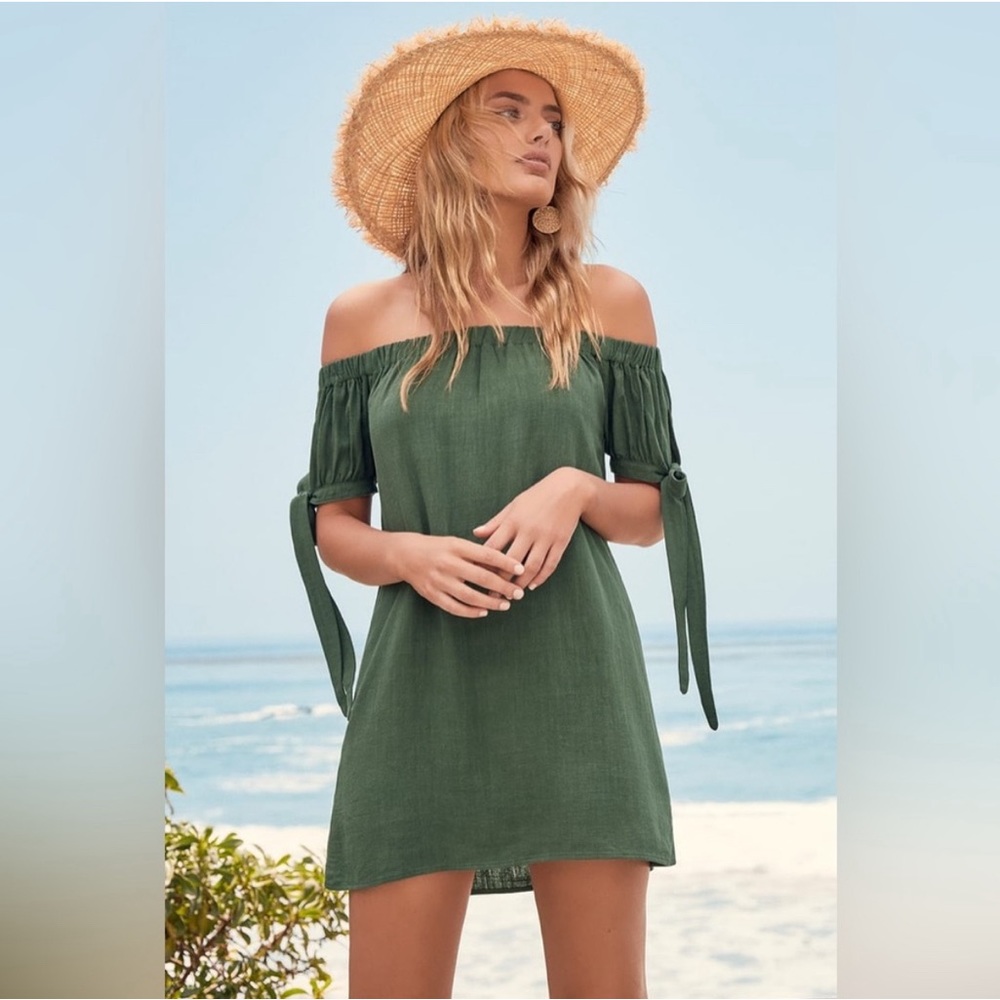 NWT - Al Fresco Evenings Olive Green Off-the-Shoulder Dress